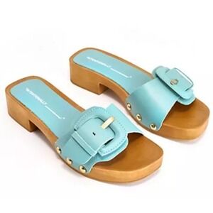 New Intentionally Blank Mar Leather Buckle Clog Sandals Aqua Blue EU 39 US 8.5-9